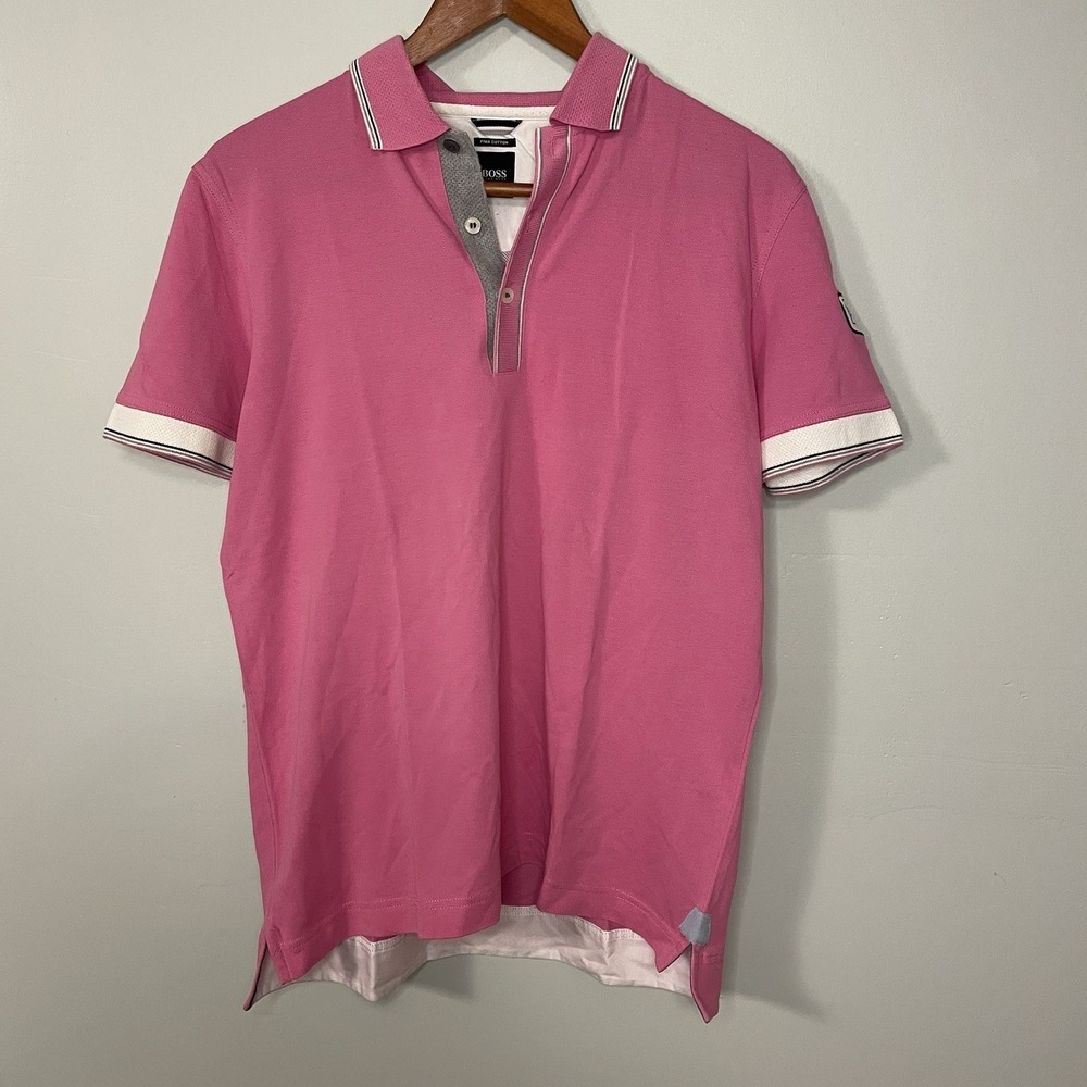 Boss Hugo Boss Men M Pink Gray Pima Cotton Rugby Polo Shirt